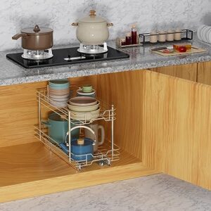 2 Tier Pull-out Cabinet Organizer, 11"W x 21"D Kitchen Under Sink Organizer, Slide Out Home Spice Rack Storage Shelves for Pots and Cans, Drawer Pantry Shelf Organization for Bathroom Base, Chrome