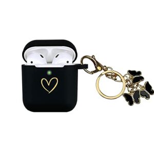 aiiekz compatible with airpods case cover, soft silicone case with gold heart pattern for airpods 2&1 generation case with cute butterfly keychain for girls women (black)