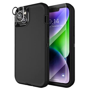 mxx heavy duty case for iphone 14 plus, with tempered glass screen protector,camera lens protector 3-layer full body protection cover shockproof dustproof, for 6. 7 inch 2022 (black)
