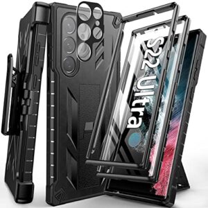 fntcase for samsung galaxy s22 ultra case: built-in screen protector & kickstand & belt-clip holster, extra front frame full-body dual layer rugged heavy duty shockproof protective phone cover-black