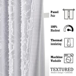 OWENIE White Blackout Curtains 84 inch Length 2 Panel Set, Sheer with 100% Blackout Curtain Liner Thermal Insulated, 3D Jacquard Clip Double Layer Rod Pocket Back Tab Panel Drapes, 2 Panels, 52 x 84