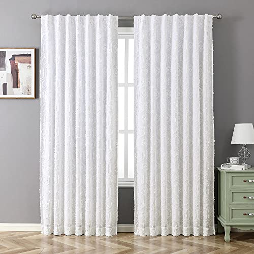 OWENIE White Blackout Curtains 84 inch Length 2 Panel Set, Sheer with 100% Blackout Curtain Liner Thermal Insulated, 3D Jacquard Clip Double Layer Rod Pocket Back Tab Panel Drapes, 2 Panels, 52 x 84