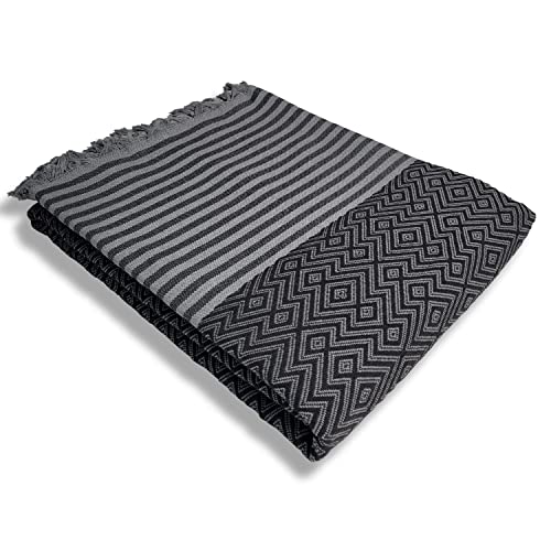 Wellstil Aria | Turkish Throw Blankets - 80 x 100 inches,0 Cotton Blankets Queen Size - Boho Throw Blanket for Couch, Sofa, Bed - Farmhouse Throw Blanket with Tassels (Black)