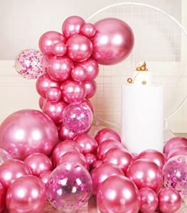 rainbowq party 55pcs hot pink metallic balloons different sizes 18/12/5 inch and fuchsia confetti balloons shiny latex helium balloons set for anniversary graduation wedding birthday party decorations