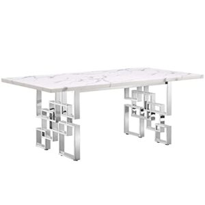 azhome modern dining table, 78 inches rectangular dining room table for 6, white rectangle tabletop with silver mirror stainless steel geometric base