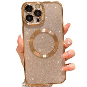 mgqiling compatible with iphone 13 pro max magnetic glitter case, luxury plating cute bling clear phone case, compatible with magsafe for women girls with camera protector back cover - gold