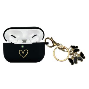 aiiekz compatible with airpods pro case cover, soft silicone case with gold heart pattern for airpod pro case with cute butterfly keychain for girls women (black)
