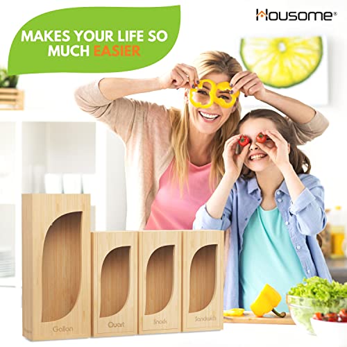 Housome® Bamboo Ziplock Organizer For Drawer-Tidy Your Kitchen With This Ziplock Bag Organizer For Drawer. With 4 Food Bag Compartments, Suitable For Gallon, Quart, Snack And Sandwich Bags Storage