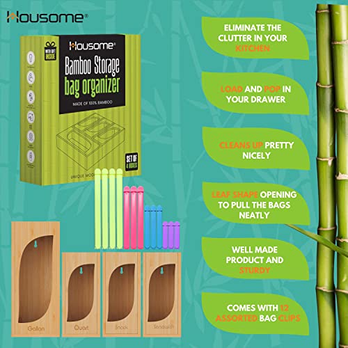 Housome® Bamboo Ziplock Organizer For Drawer-Tidy Your Kitchen With This Ziplock Bag Organizer For Drawer. With 4 Food Bag Compartments, Suitable For Gallon, Quart, Snack And Sandwich Bags Storage
