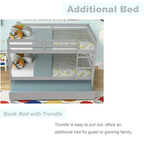 HOUAGI Full Over Full Bunk Bed with Trundle,Full Bunk Bed with Ladder and Safety Rails,Grey