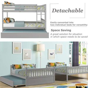 HOUAGI Full Over Full Bunk Bed with Trundle,Full Bunk Bed with Ladder and Safety Rails,Grey