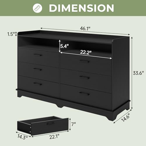 Hasuit 6 Drawers Dresser for Bedroom, Double Long Dressers Chests of Drawers with Open Cubby, Large Clothes Storage Organizer, Dimensions 14.6" D x 46.1" W x 33.6" H