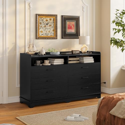 Hasuit 6 Drawers Dresser for Bedroom, Double Long Dressers Chests of Drawers with Open Cubby, Large Clothes Storage Organizer, Dimensions 14.6" D x 46.1" W x 33.6" H