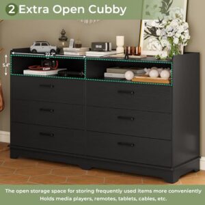 Hasuit 6 Drawers Dresser for Bedroom, Double Long Dressers Chests of Drawers with Open Cubby, Large Clothes Storage Organizer, Dimensions 14.6" D x 46.1" W x 33.6" H