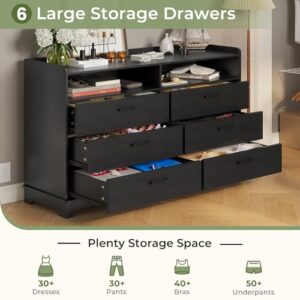 Hasuit 6 Drawers Dresser for Bedroom, Double Long Dressers Chests of Drawers with Open Cubby, Large Clothes Storage Organizer, Dimensions 14.6" D x 46.1" W x 33.6" H