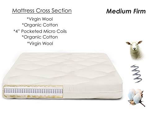 Pure Comfort Natural Cotton Mattress - Medium Firm - Wool & Individually Pocketed Micro Coils - Twin