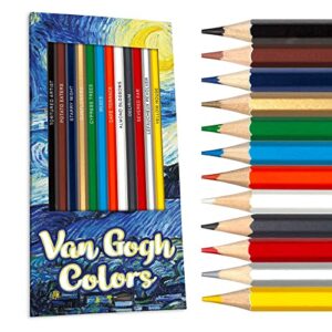 van gogh themed colors colored pencil set - set of 12 post-impressionism pencils - each color pencil is foil-stamped with artist references such as famous painting names - packaged in a display box