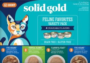 solid gold wet cat food variety pack - pate & shreds in gravy recipes - made with real chicken, tuna & mackerel for sensitive stomach & immune health - canned, 12 pack