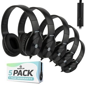 sonitum bulk kids headphones for school with microphones - 5-pack on-ear 3.5mm wired headphones for schools -comfy wired kids headphones with in-line mics – school headphones for kids
