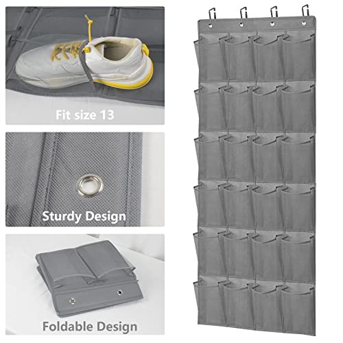 Merb Home 2 Pack Shoe Storage Organizer with Innovative Hook - Hang 2 Racks on 1 Door or on Different Doors - Hanging Door Rack- 24&12 Pockets - Foldable Storage Organizer (3 & 6 Rows of Pockets)