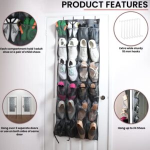 Merb Home 2 Pack Shoe Storage Organizer with Innovative Hook - Hang 2 Racks on 1 Door or on Different Doors - Hanging Door Rack- 24&12 Pockets - Foldable Storage Organizer (3 & 6 Rows of Pockets)