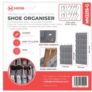 Merb Home 2 Pack Shoe Storage Organizer with Innovative Hook - Hang 2 Racks on 1 Door or on Different Doors - Hanging Door Rack- 24&12 Pockets - Foldable Storage Organizer (3 & 6 Rows of Pockets)