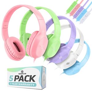 sonitum bulk kids headphones for school with microphones - 5-pack on-ear 3.5mm wired headphones for schools -comfy wired kids headphones with in-line mics – school headphones for kids