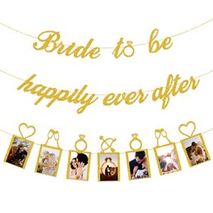 concico bridal shower decorations - bride to be happily ever after banner and photo banner for bridal shower/wedding/engagement party kit supplies decorations decor(gold)