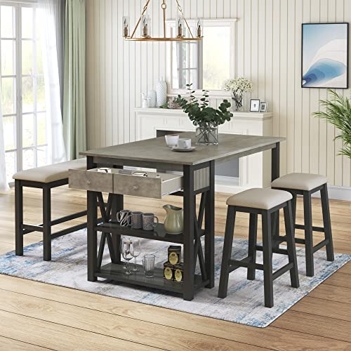 CKLMMC Rustic Wood Kitchen Dining Table Set with 2 Stools and Bench, 4-Piece Counter Height Storage Shelves Drawer, Perfect Choice for Small Places (Gray/2S+1B)