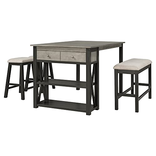 CKLMMC Rustic Wood Kitchen Dining Table Set with 2 Stools and Bench, 4-Piece Counter Height Storage Shelves Drawer, Perfect Choice for Small Places (Gray/2S+1B)