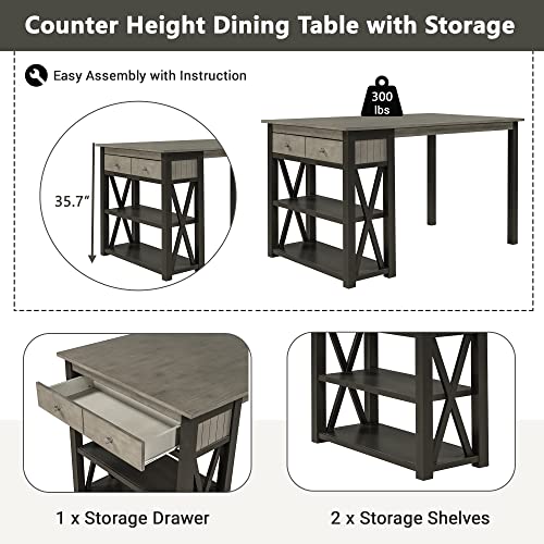 CKLMMC Rustic Wood Kitchen Dining Table Set with 2 Stools and Bench, 4-Piece Counter Height Storage Shelves Drawer, Perfect Choice for Small Places (Gray/2S+1B)