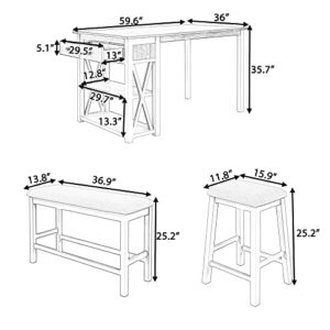 CKLMMC Rustic Wood Kitchen Dining Table Set with 2 Stools and Bench, 4-Piece Counter Height Storage Shelves Drawer, Perfect Choice for Small Places (Gray/2S+1B)