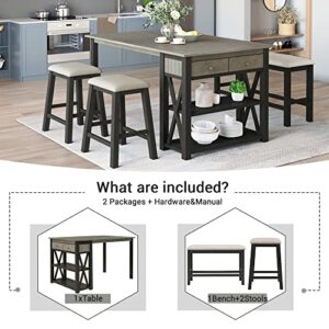 CKLMMC Rustic Wood Kitchen Dining Table Set with 2 Stools and Bench, 4-Piece Counter Height Storage Shelves Drawer, Perfect Choice for Small Places (Gray/2S+1B)