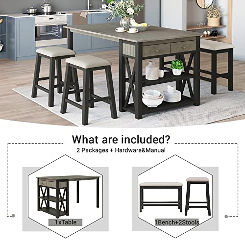 CKLMMC Rustic Wood Kitchen Dining Table Set with 2 Stools and Bench, 4-Piece Counter Height Storage Shelves Drawer, Perfect Choice for Small Places (Gray/2S+1B)