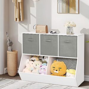 iwell toy storage cabinet with 3 drawers, kids bookshelf, kids toy organizer, 8 cubicles, bookcase footboard, bookshelf for kids, for playroom, bedroom, nursery, school, white