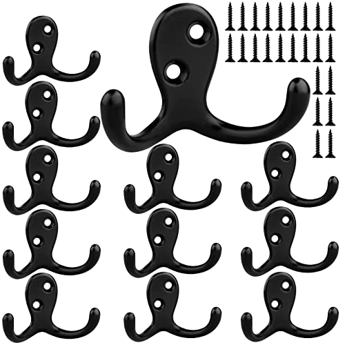 12 Pack Coat Hooks, Wall Mounted Hooks for Hanging Clothes/ Towels/Robe/Door Hooks, Double Prong DIY Coat Rack Hanger Hooks with Screws for Bedroom/Bathroom/Entryway/Kitchen Farmhouse, Rustic Hooks