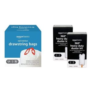 amazon basics 13 gallon kitchen drawstring trash bags 12 ct, 360 heavy duty duster kit 7 dusters + 1 handle (pack of 2)