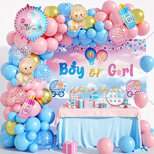 Gender Reveal Decorations Pastel Blue Pink Balloon Garland Arch Kit with Boy or Girl What do You Think Banner Backdrop Boy Girl Foil Mylar Balloons Gender Reveal Party Supplies