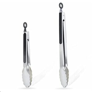 akuzedos kitchen tongs,stainless steel cooking tongs silicone non-slip grip, locking grilling food tongs set of 2, 9" and 12"