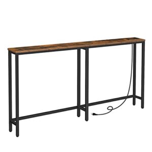 hoobro 5.9" behind couch table skinny with charging station, 63" narrow console table with power outlets, long and thin sofa table, slim entryway table, rustic brown bf165uxg01