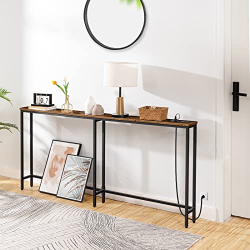 HOOBRO 5.9" Behind Couch Table Skinny with Charging Station, 63" Narrow Console Table with Power Outlets, Long and Thin Sofa Table, Slim Entryway Table, Rustic Brown BF165UXG01