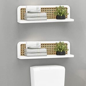 TEPLEDGE White Floating Shelves - Set of 2, Rattan Wall Mounted Hanging Shelves, Decorative Storage Shelves for Bathroom, Kitchen, Living Room & Bedroom