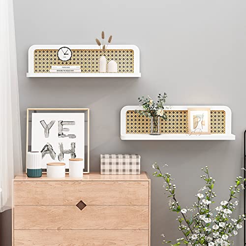 TEPLEDGE White Floating Shelves - Set of 2, Rattan Wall Mounted Hanging Shelves, Decorative Storage Shelves for Bathroom, Kitchen, Living Room & Bedroom