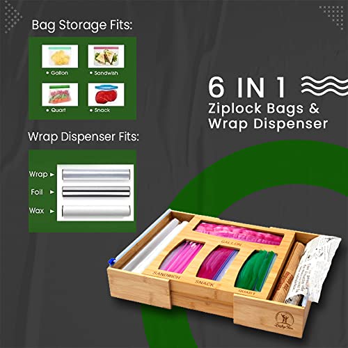 LuckyFim 6-in-1 Ziplock Bag Organizer for Drawer with 2 Slide Cutter & Ziplock Holder - Baggie organizer for drawer - Zip Lock bag organizer for Gallon, Quart,Sandwich&Snack