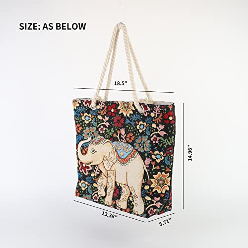 HODAKJUE Canvas Tote Bag for Women Girls, Floral Elephant Pattern Grocery Bag Shopping Bag With Inner Pocket For Travel Work Beach