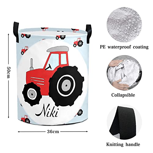 Red Tractor Pattern Laundry Basket Personalized with Name Laundry Hamper with Handle Organizer Storage Bin Bedroom Decor for Boys Girls Adults