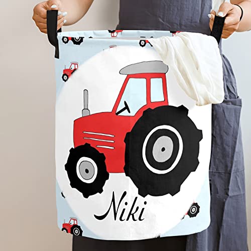 Red Tractor Pattern Laundry Basket Personalized with Name Laundry Hamper with Handle Organizer Storage Bin Bedroom Decor for Boys Girls Adults