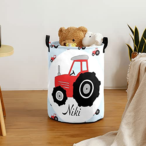 Red Tractor Pattern Laundry Basket Personalized with Name Laundry Hamper with Handle Organizer Storage Bin Bedroom Decor for Boys Girls Adults