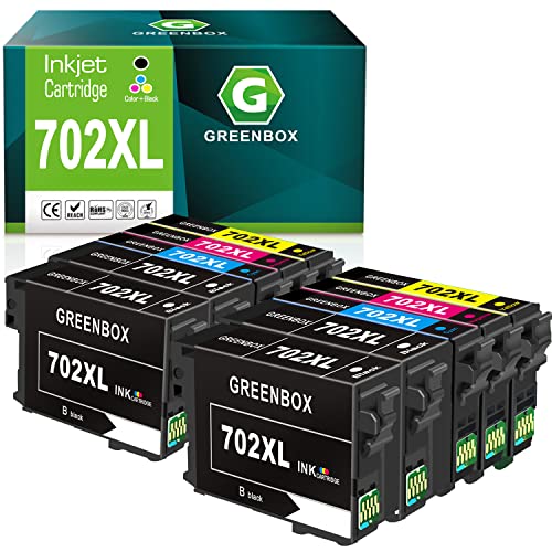 GREENBOX Remanufactured 702 XL Ink Cartridges Replacement for Epson 702XL T702XL 702 T702, High Yield for Workforce Pro WF-3720 WF-3730 WF-3733 Printer（4 Black 2 Cyan 2 Magenta 2 Yellow, 10 Pack