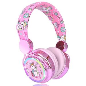 chton wireless unicorn kids headphones with 7 color led lights, 52h playtime, microphone, bluetooth 5.0, stereo sound, pink girls headphones for school travel birthday xmas gifts (unicorn pink)